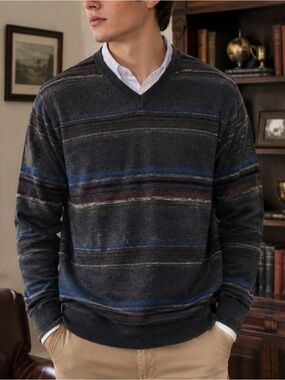Club Room Merino Wool Blend V-Neck Sweater L Gray Striped Preppy Quiet Luxury